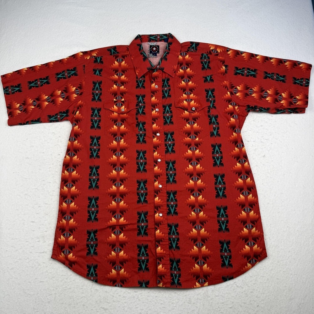 Panhandle Slim Shirt Mens XL Red Aztec Western Short Sleeve Snap Button Up